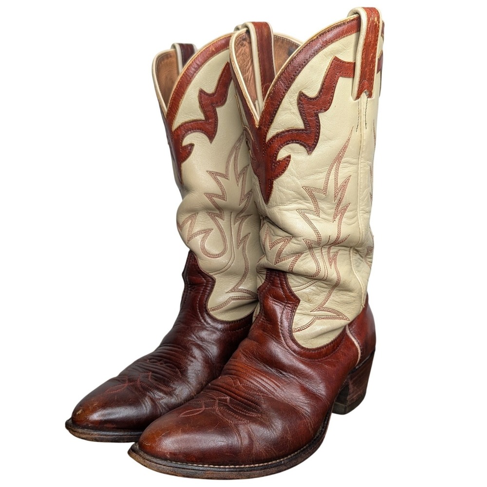 Vintage Boulet US 8 Cowboy Boots Rust Red Leather Vamp Cream Shaft Red Stitching